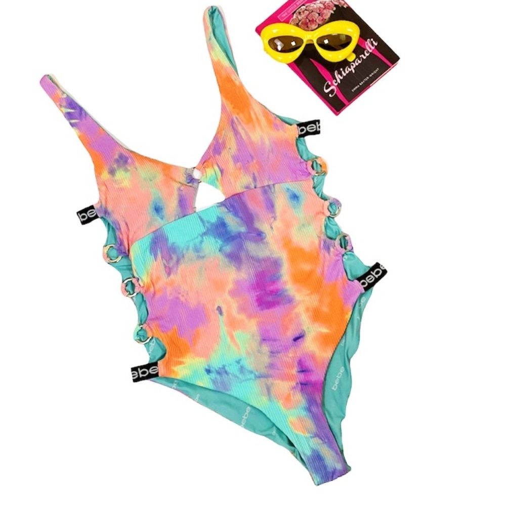 Bebe Tie Dye Print Side Cutouts One Piece Swimsuit